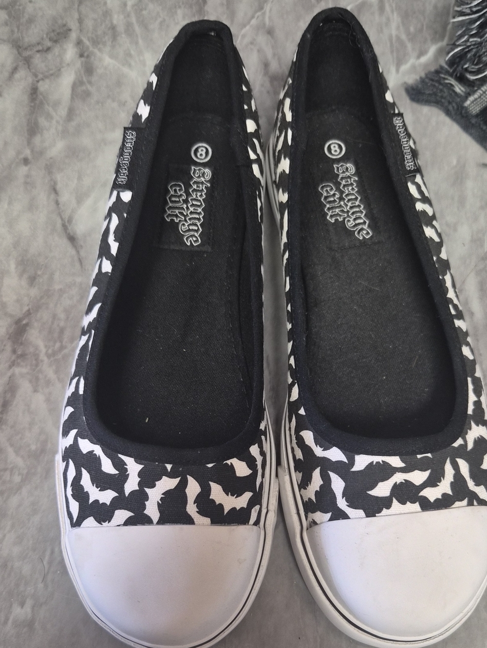 ​🦇 Strange Cvlt "Emily Bat" Black & White Slip-On Sneakers - Size 8